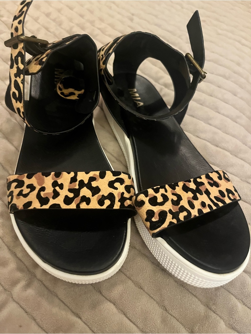 MIA Leopard Print Ankle-Strap Sandals - Black & Tan